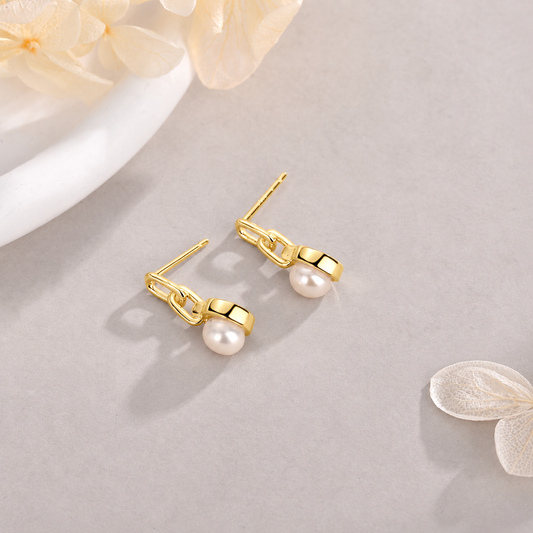 Pendientes Perla Link baño en oro de 18kt