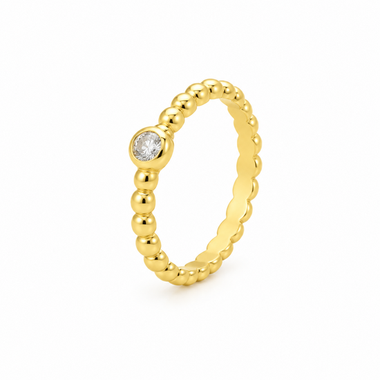 Anillo Lumi baño en oro de 18kt de bolitas con circonita blanca, vista frontal