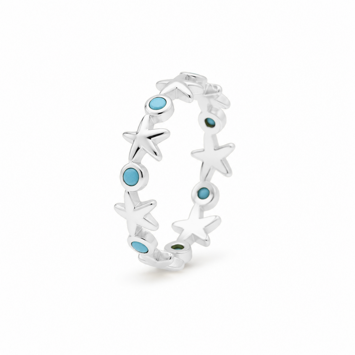 Anillo de estrellas de mar y detalles azules en plata 925, vista lateral