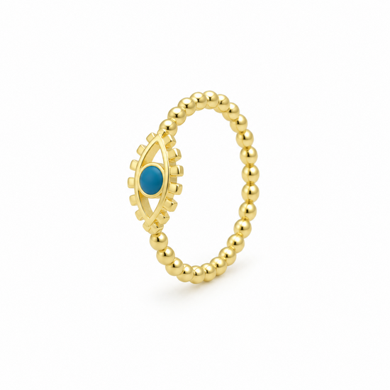 Anillo Turco Halo con baño en oro de 18kt y centro azul, vista lateral