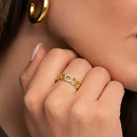 Anillo Eslabones Sparkle plata baño en oro de 18kt