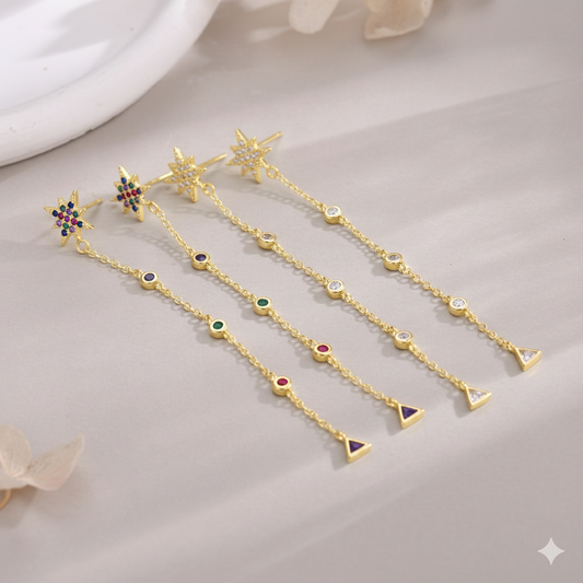 Pendientes largos Cosmic Drops plata baño en oro de 18kt